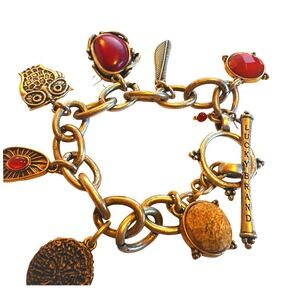 Lucky Brand Silver Tone Charm Bracelet 7 Charms Red Stone Feather Owl 7 Inch